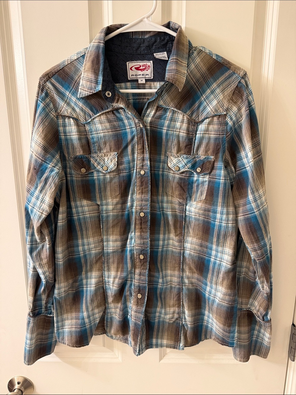 Roper Plaid Button-Down Western Shirt in Blue and Brown